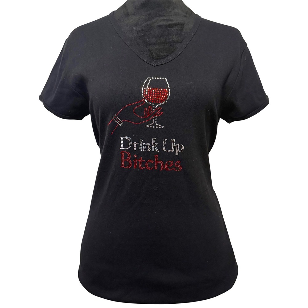 Women's Black Short Sleeve Graphic T Shirt Jewels Embellished Drinking Top SZ L